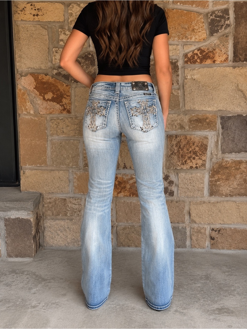 Miss Me Bootcut Jeans Size 32 Cross Pocket Embellished Light Wash Denim